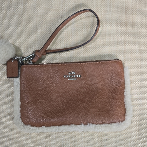 Coach Brown Leather Wristlet with Sherpa Shearling Trim - Picture 10 of 14